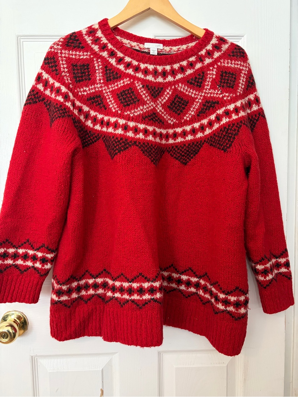 J. Jill Red Fair Isle Crewneck Sweater with Black and White Accents
